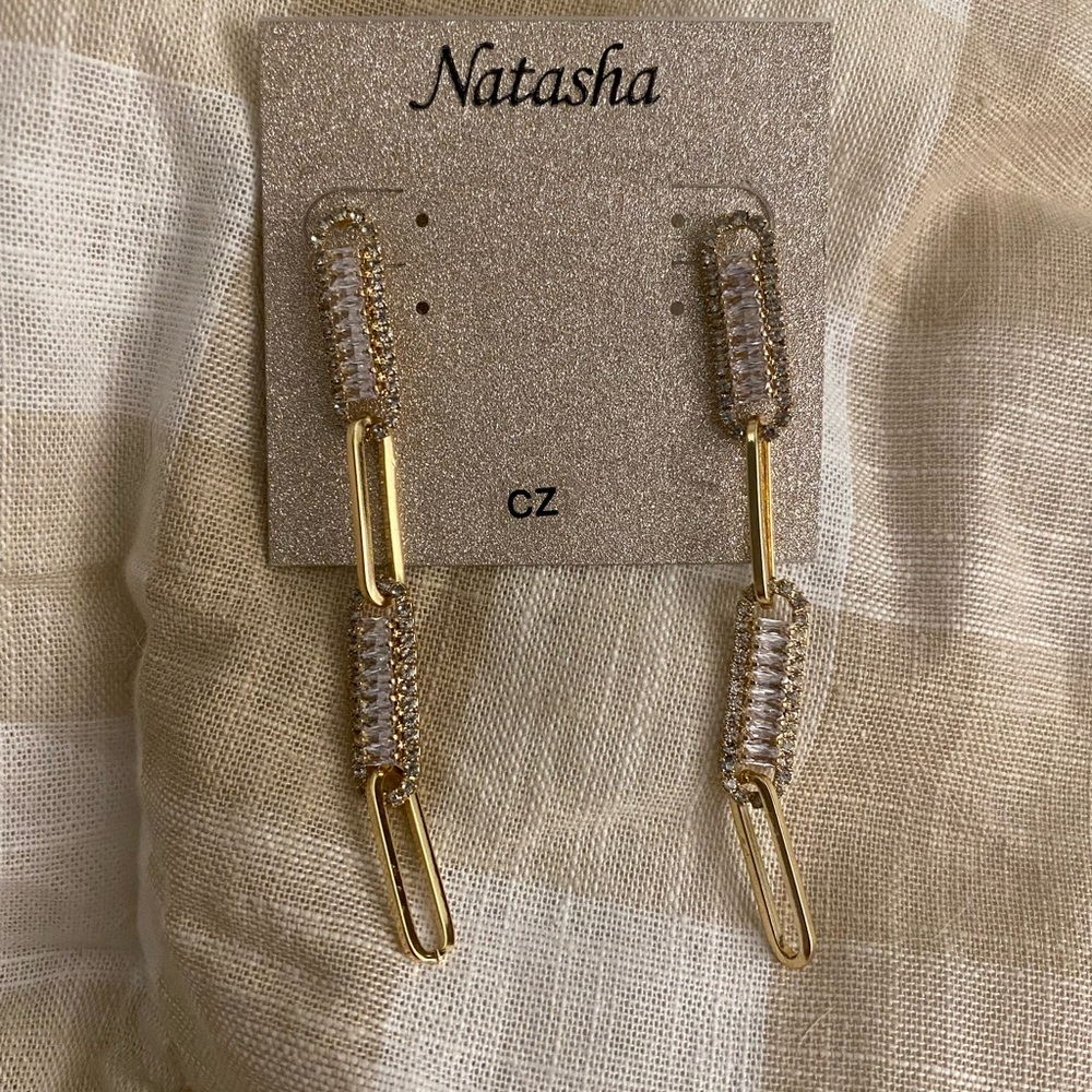 gold rhinestone paper clip dangling earrings